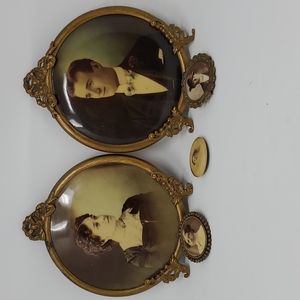 Antique Wedding Photos in Ornate Metal Frames with 3 Photo Brooches / Pins